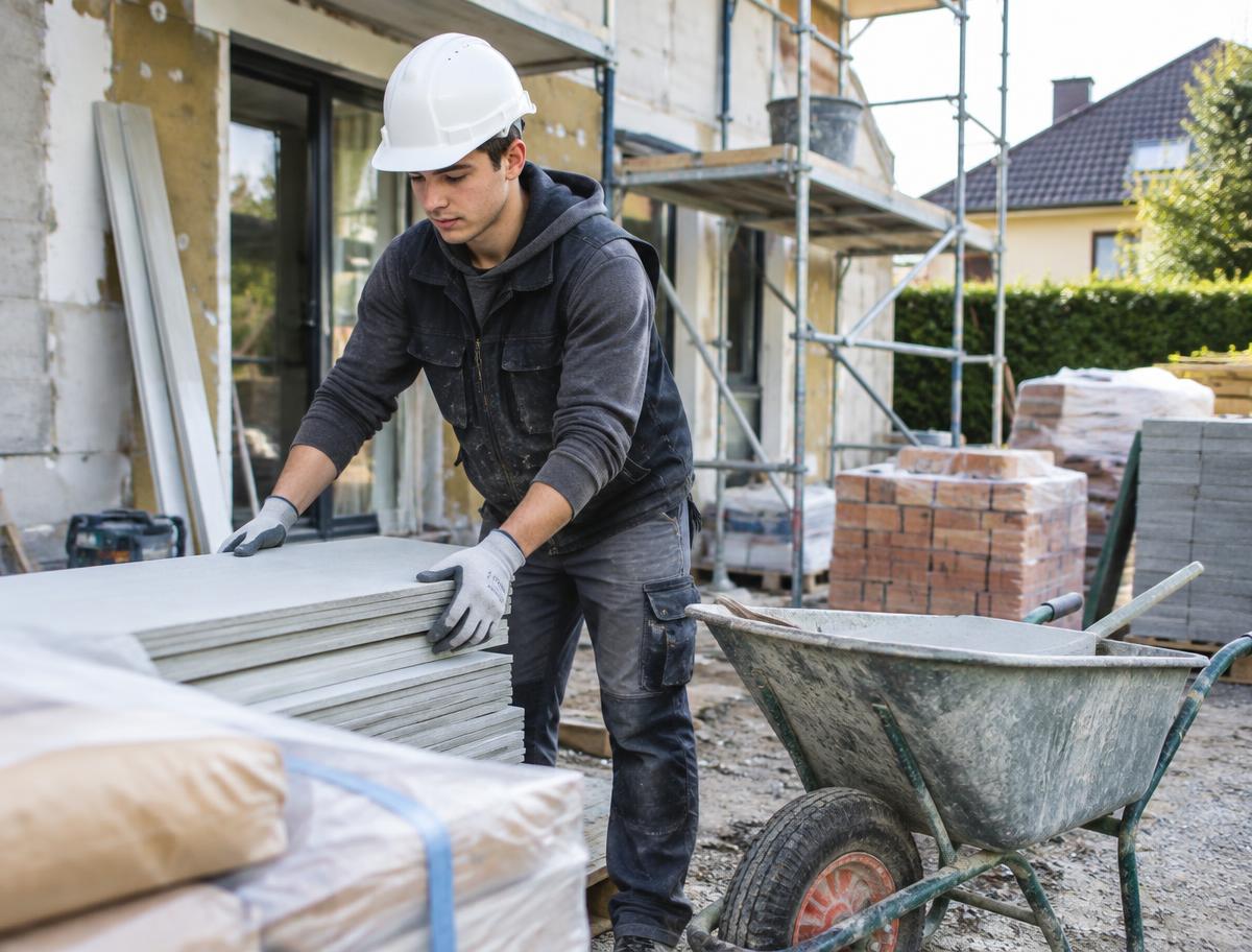 Allievo che sistema i materiali in cantiere