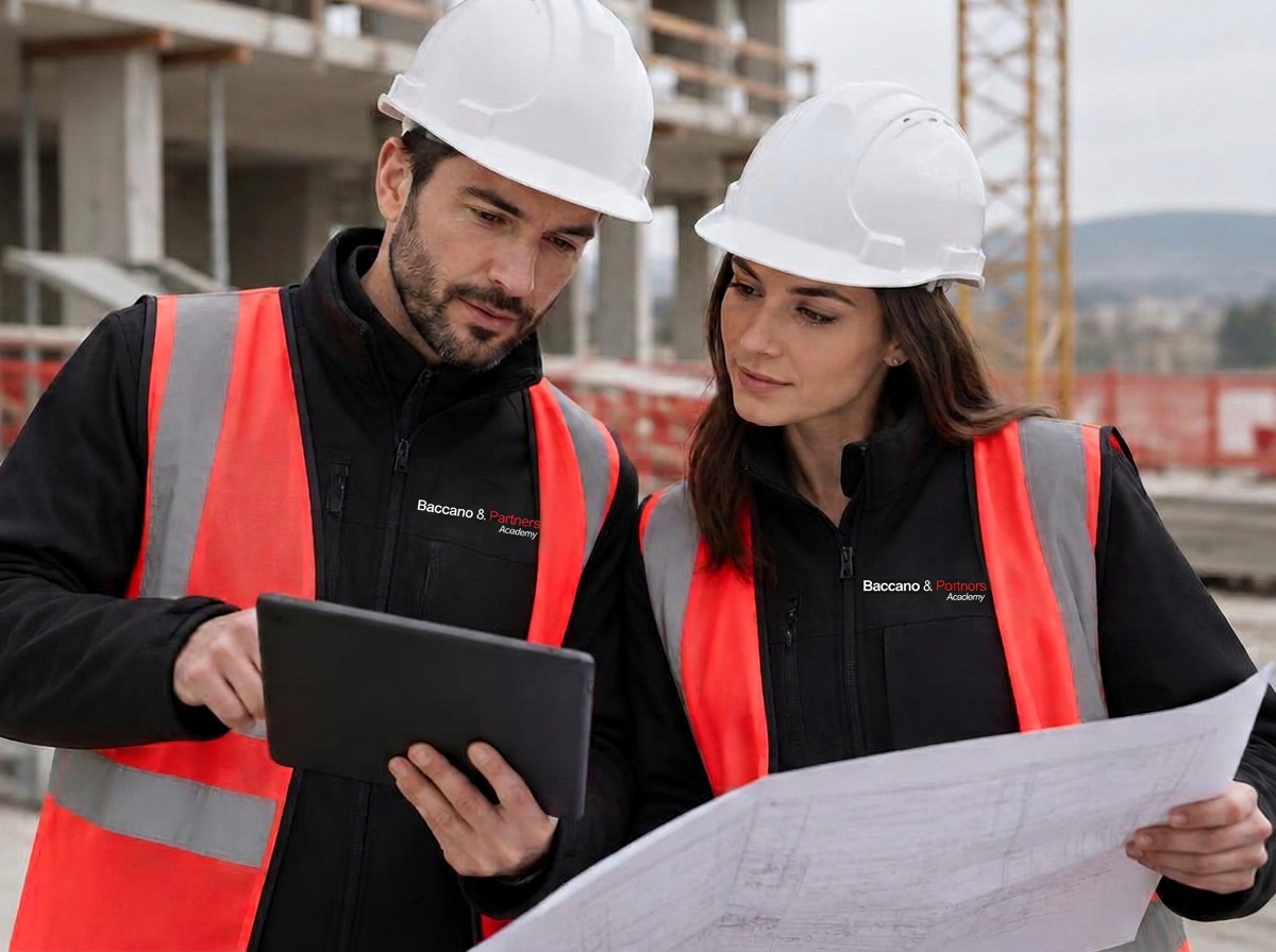 Un uomo e una donna in divisa durante la pratica del percorso Assistente di cantiere