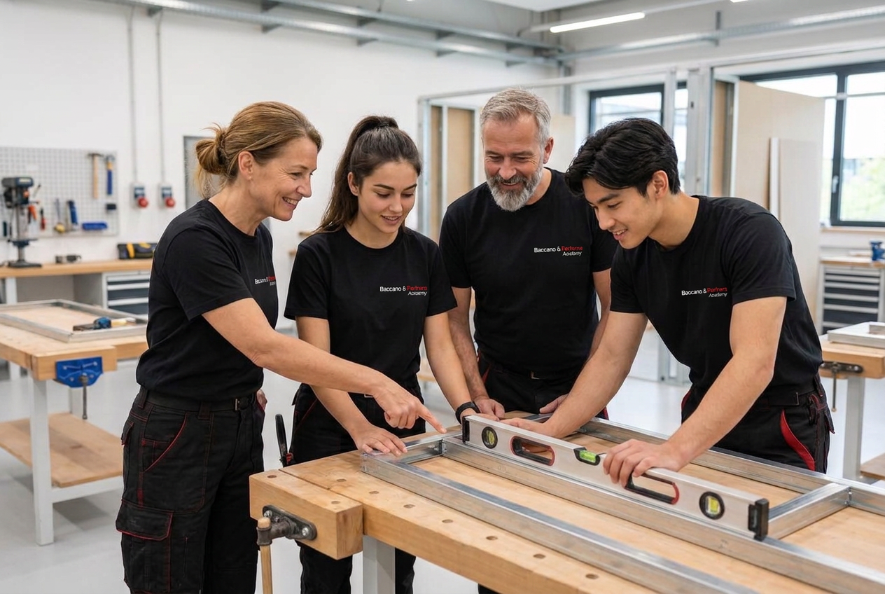 Docenti e corsisti lavorano insieme nel laboratorio dell'academy