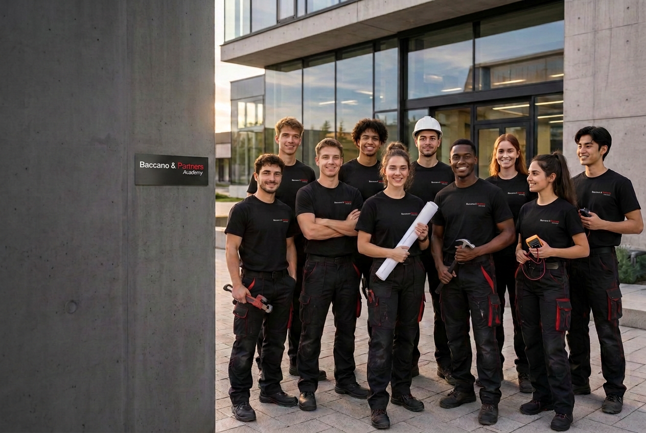 Una squadra di professionisti e professioniste in divisa Baccano & Partners Academy fuori dalla sede