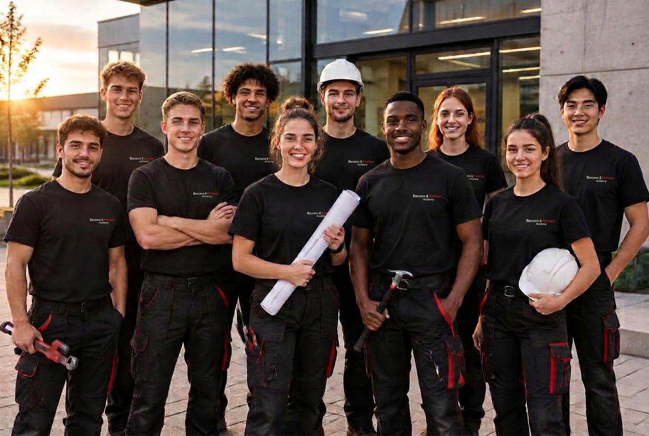 La squadra dei professionisti formati all'academy davanti alla sede